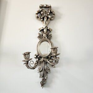 Vintage Italian  Bow Top Botanical Decor Mirror Two Candle Wall Sconce - 24"H